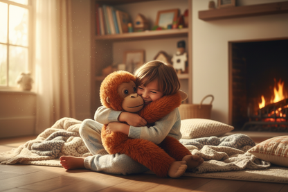 Child hugging Comfort Monkey plush